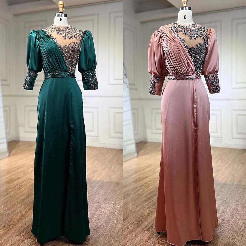 Serene Hill 2025 Green Satin Three Quarter Mermaid Evening Dresses Gowns Elegant Lace Beaded for Women Wedding Party LA71510A - SERENE HILL