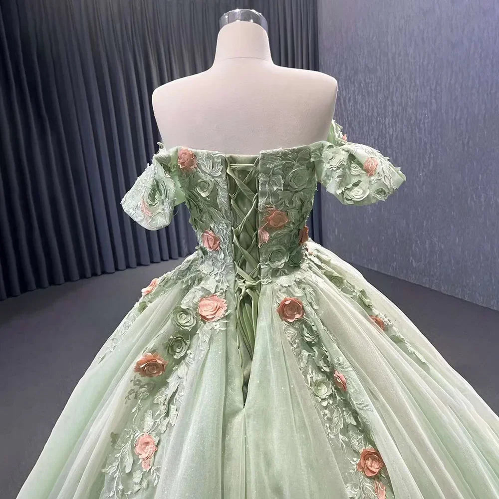 Serene Hill 2025 High End Custom Dubai Sage Green Elegant Boat Neck Wedding Dress Appliques Bridal Gowns HM222240B - SERENE HILL