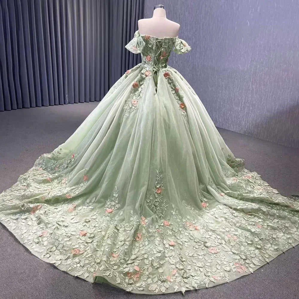 Serene Hill 2025 High End Custom Dubai Sage Green Elegant Boat Neck Wedding Dress Appliques Bridal Gowns HM222240B - SERENE HILL