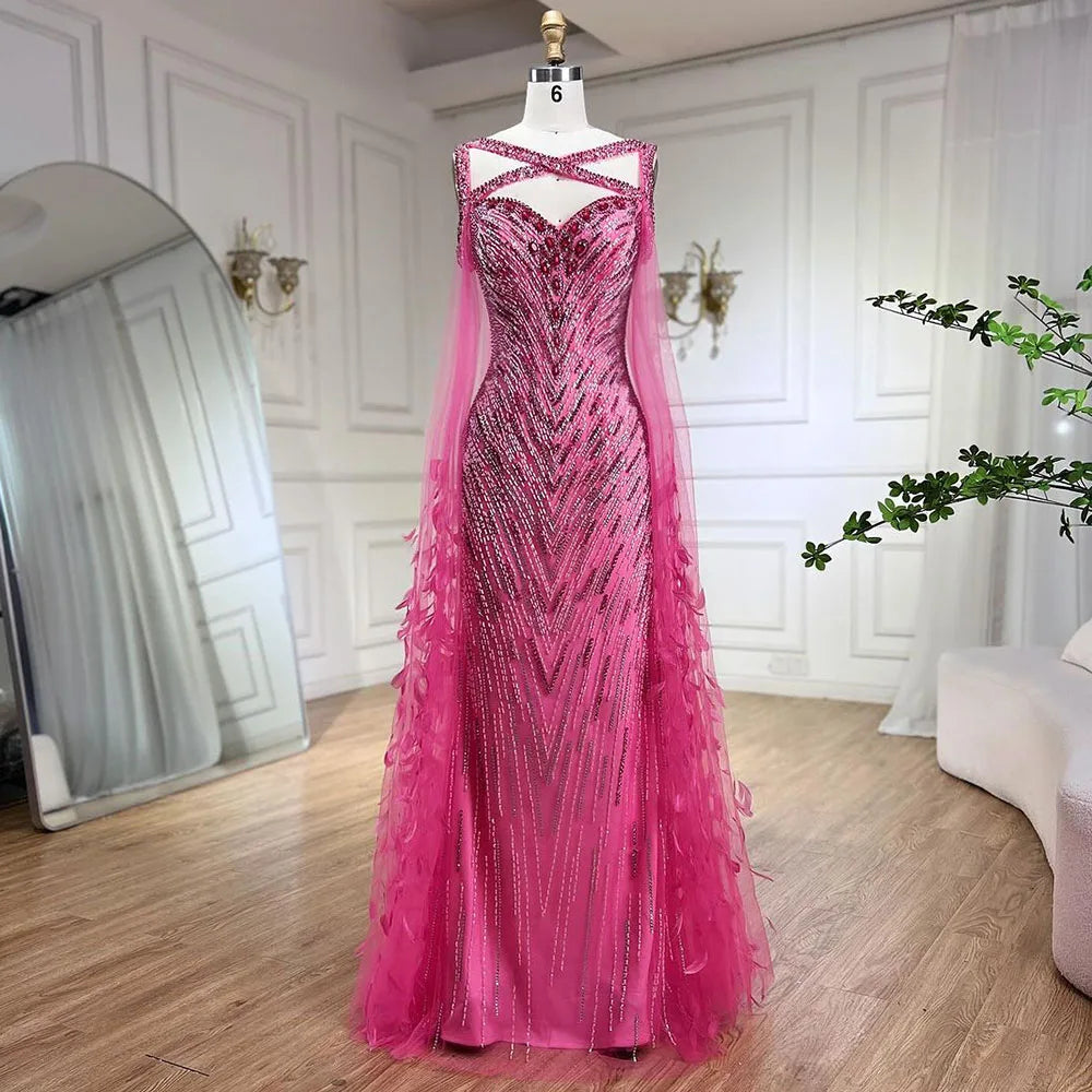 Luxury Fuchsia Mermaid Evening Dress with Cape Sleeves and Feathers LA72286 - SERENE HILL