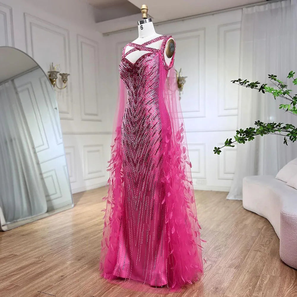 Luxury Fuchsia Mermaid Evening Dress with Cape Sleeves and Feathers LA72286 - SERENE HILL