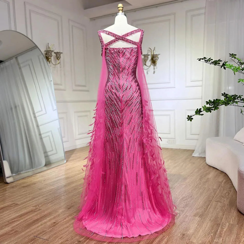 Luxury Fuchsia Mermaid Evening Dress with Cape Sleeves and Feathers LA72286 - SERENE HILL