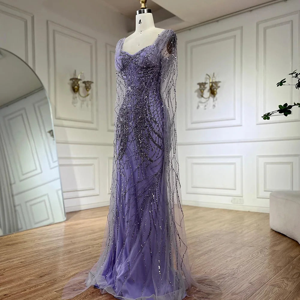 Serene Hill Lilac Cape Sleeves Mermaid Lace Beaded Luxury Dubai Long Evening Dresses Gowns for Women Wedding Party LA72697 - SERENE HILL