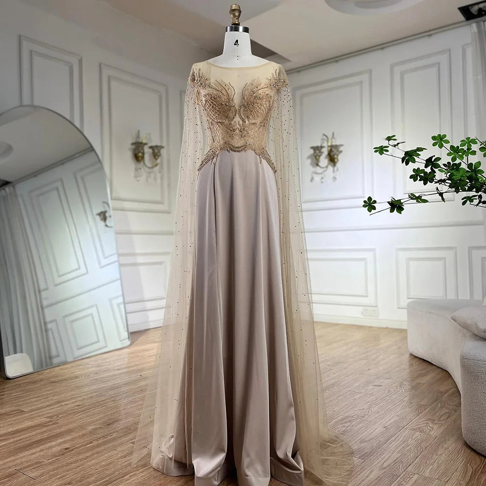 Serene Hill Nude Cape Sleeves Satin A Line Lace Beaded Luxury Dubai Evening Dresses Gowns for Women Wedding Party LA72702 - SERENE HILL