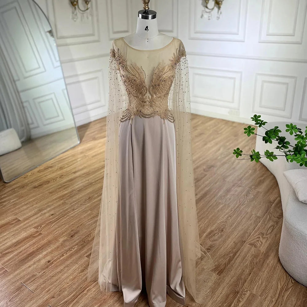 Serene Hill Nude Cape Sleeves Satin A Line Lace Beaded Luxury Dubai Evening Dresses Gowns for Women Wedding Party LA72702 - SERENE HILL