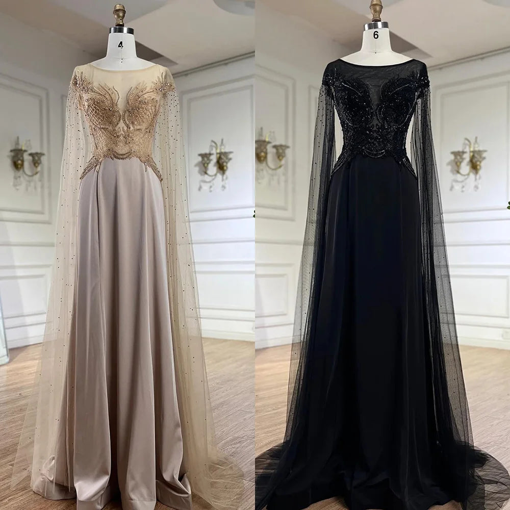 Serene Hill Nude Cape Sleeves Satin A Line Lace Beaded Luxury Dubai Evening Dresses Gowns for Women Wedding Party LA72702 - SERENE HILL