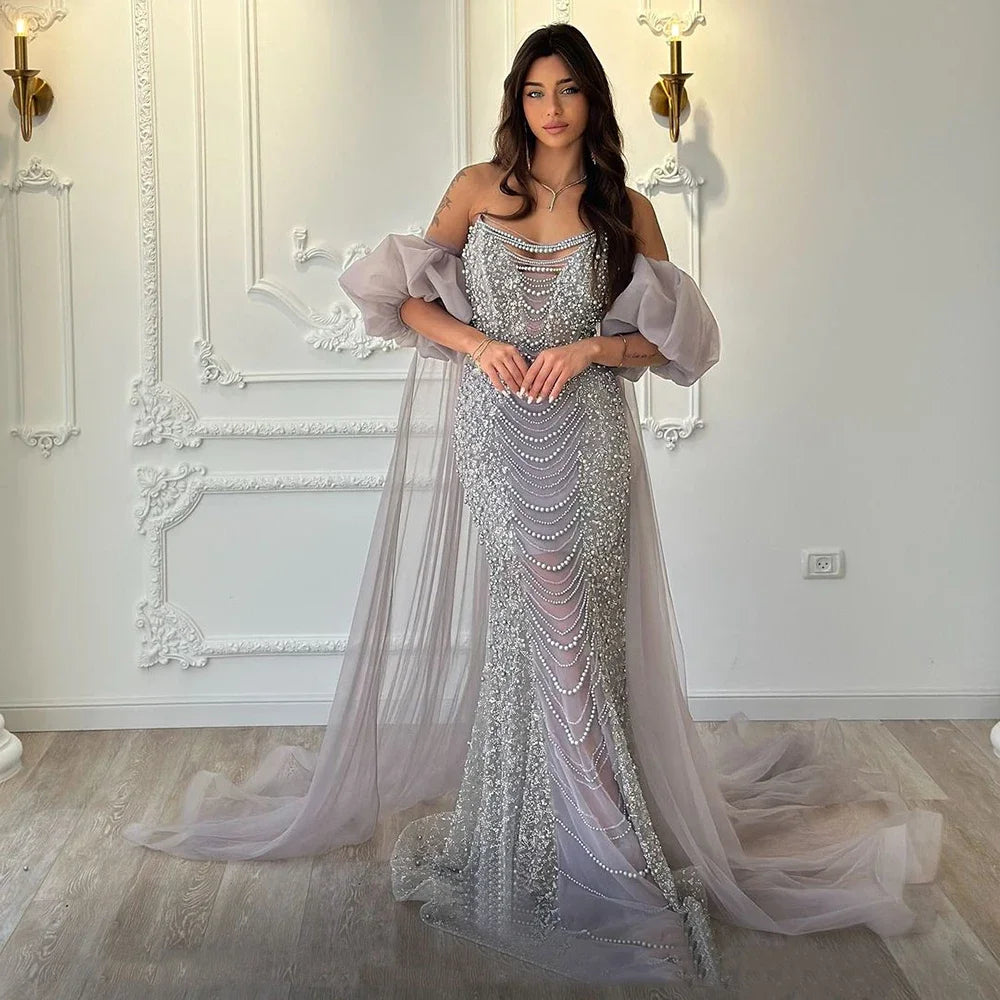 Pearls Purple Mermaid Evening Dress with Cape Sleeves LA72653 - SERENE HILL