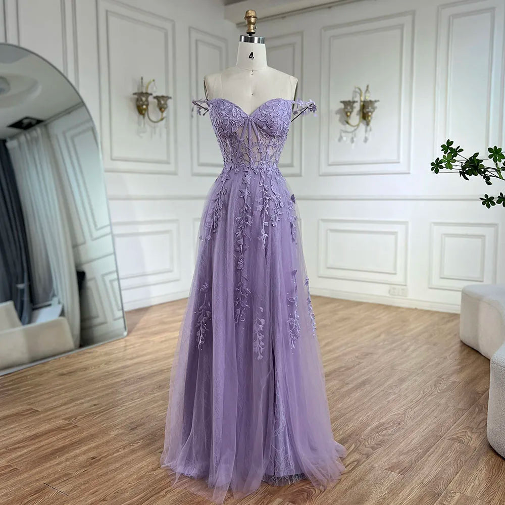 Serene Hill 2025 Lilac Spaghetti Strap Lace-Up Back A-Line Appliqué Prom Dress for Women | Wedding Party LA72620 - SERENE HILL