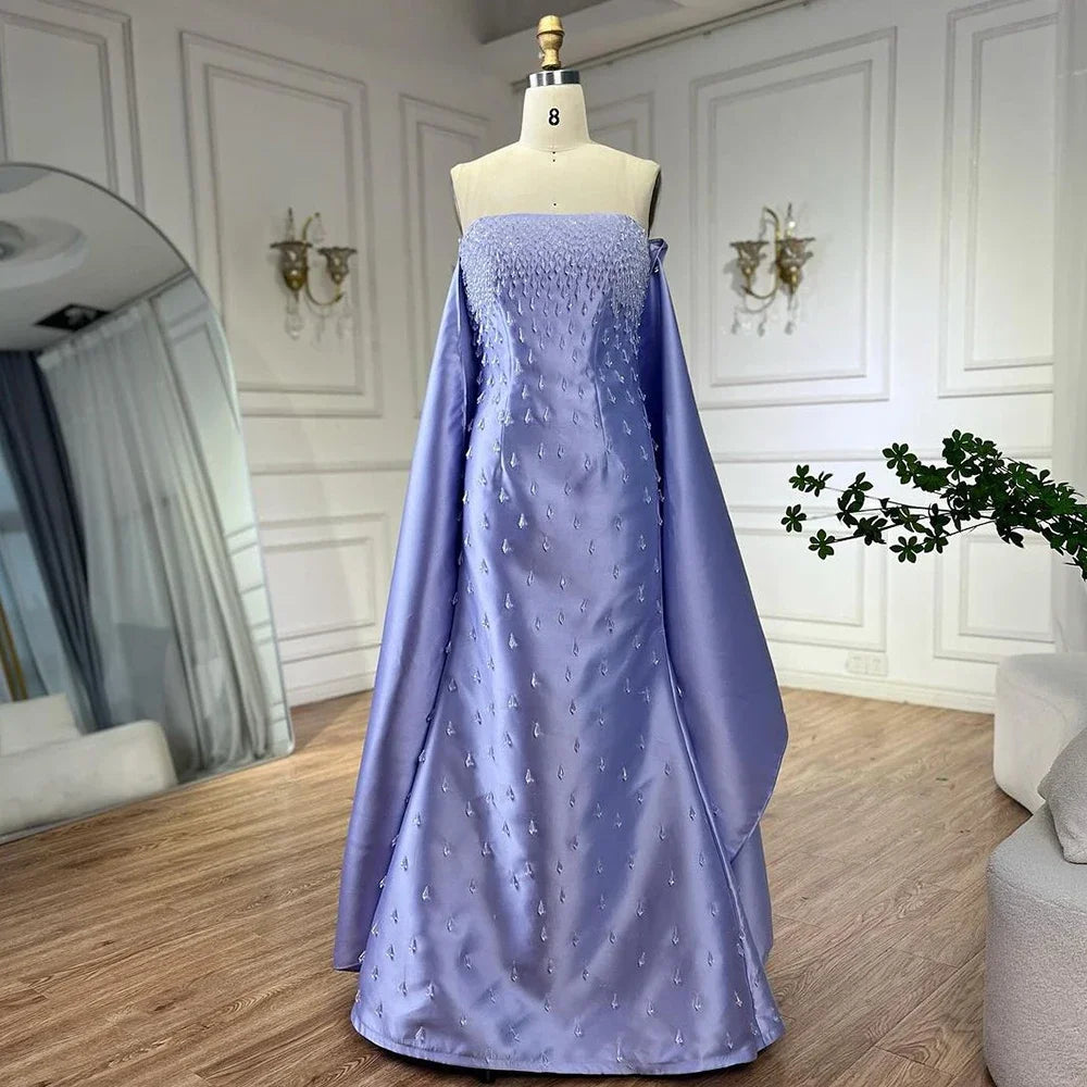 Serene Hill 2025 Lilac Spaghetti Strap Mermaid Evening Gown Satin Shawl Luxury Beaded Women&