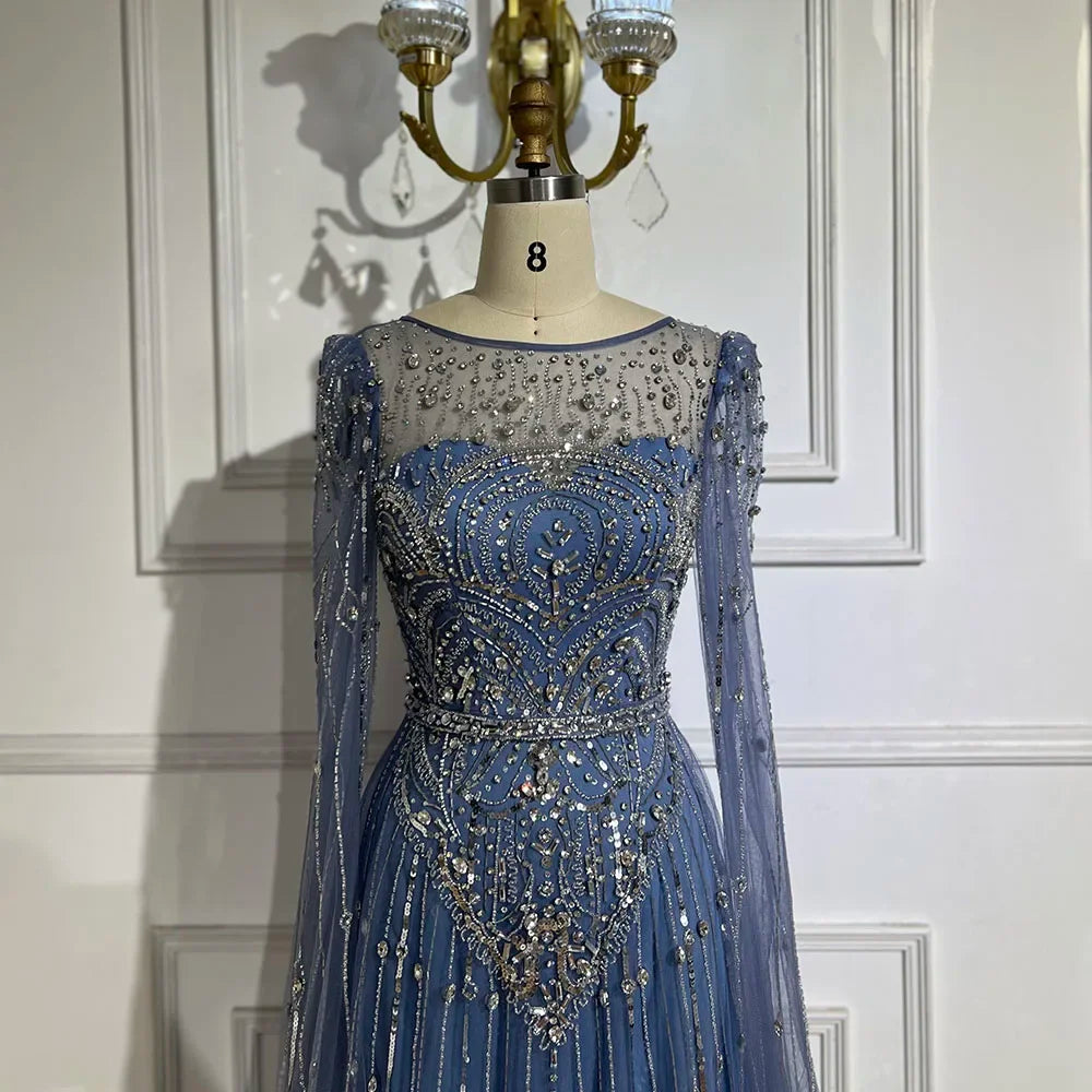 Luxury Designer Blue Beaded Stone Arabic Evening Dress With Cape Sleeve LA72635 - SERENE HILL