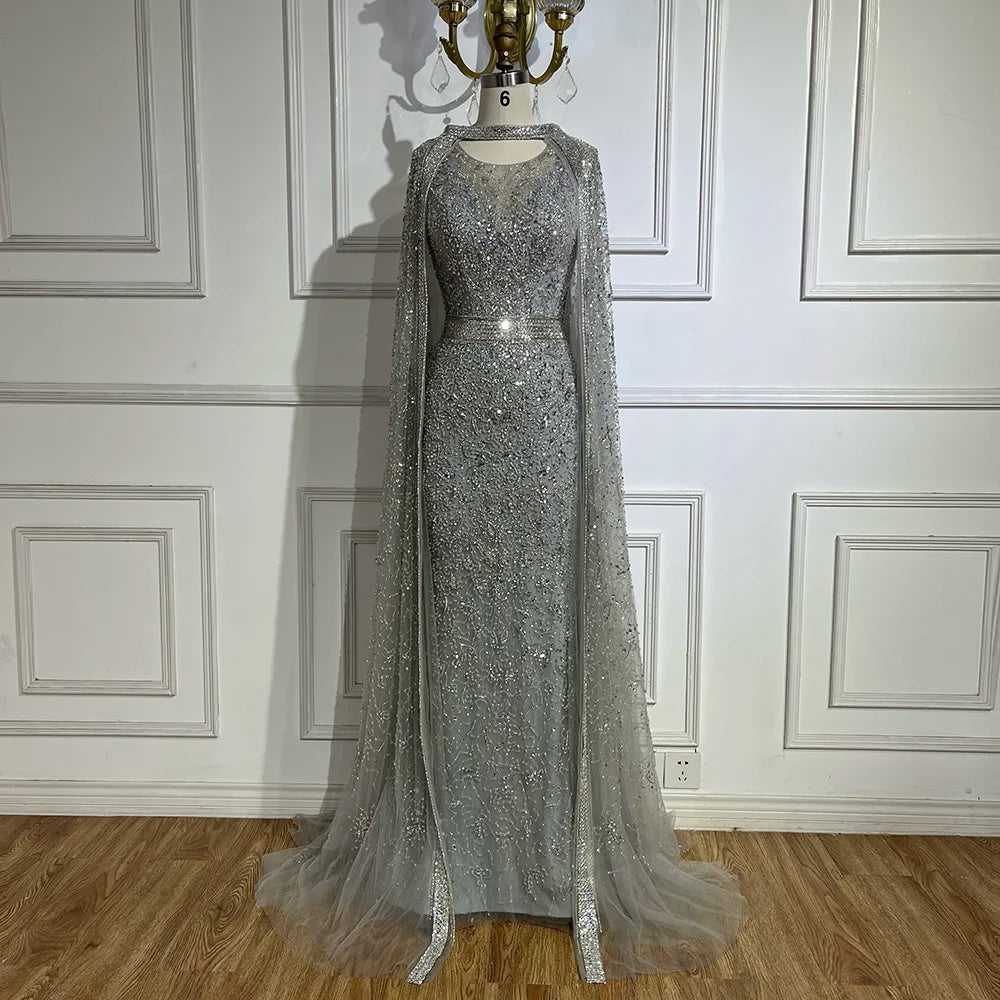 Luxury Gray Arabic Mermaid Evening Dress with Cape LA72180 - SERENE HILL
