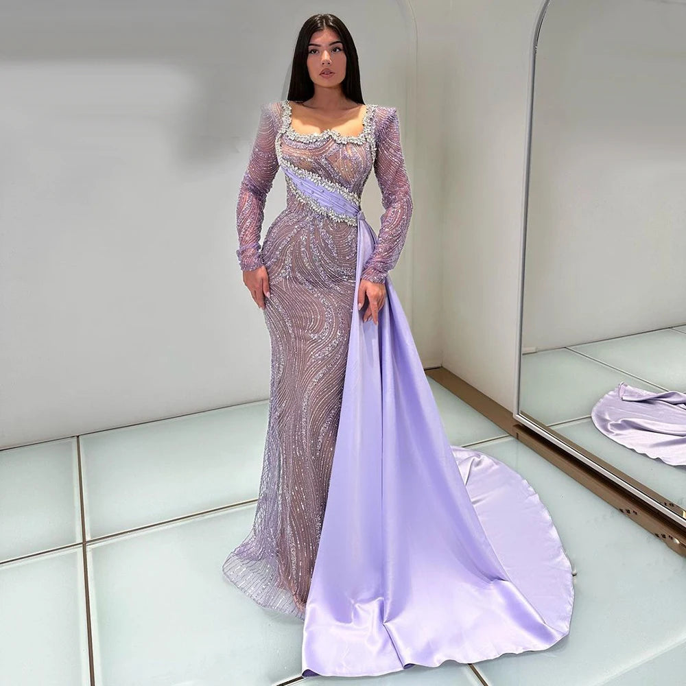 Serene Hill 2025 Luxury Dubai Lilac Mermaid Dress with Satin Overskirt Beaded Evening Gown for Women Wedding Party LA72534 - SERENE HILL