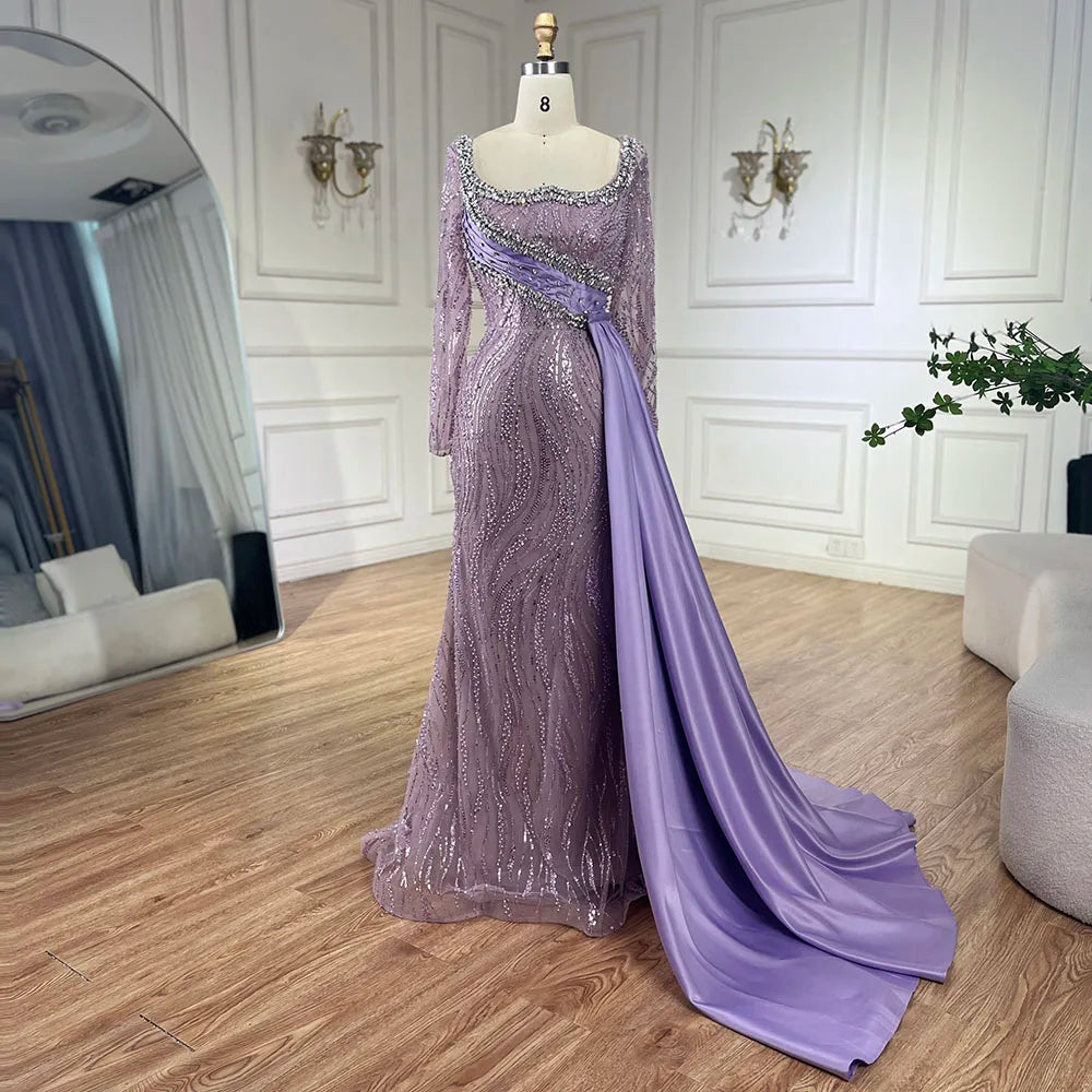 Serene Hill 2025 Luxury Dubai Lilac Mermaid Dress with Satin Overskirt Beaded Evening Gown for Women Wedding Party LA72534 - SERENE HILL