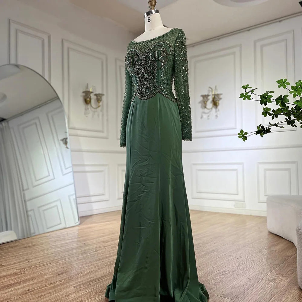 Serene Hill Muslim Elegant Green Satin Mermaid Beaded Luxury Dubai Evening Gown for Women&