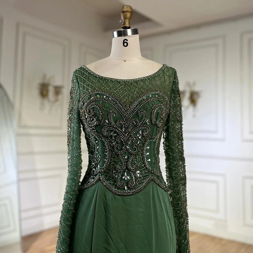 Serene Hill Muslim Elegant Green Satin Mermaid Beaded Luxury Dubai Evening Gown for Women&