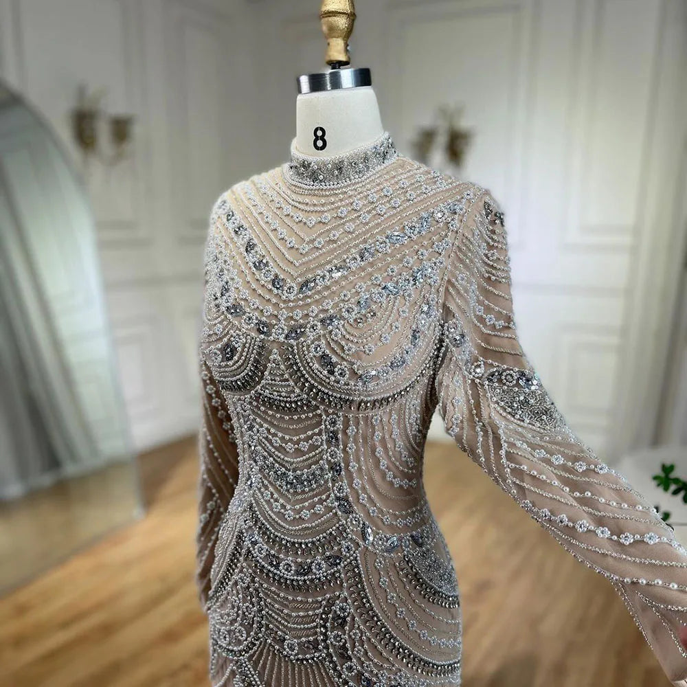 Muslim Nude Elegant Mermaid High Split Beaded Luxury Evening Dress Gown LA72091L - SERENE HILL