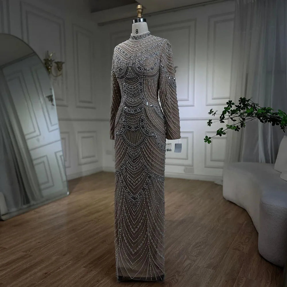 Muslim Nude Elegant Mermaid High Split Beaded Luxury Evening Dress Gown LA72091L - SERENE HILL