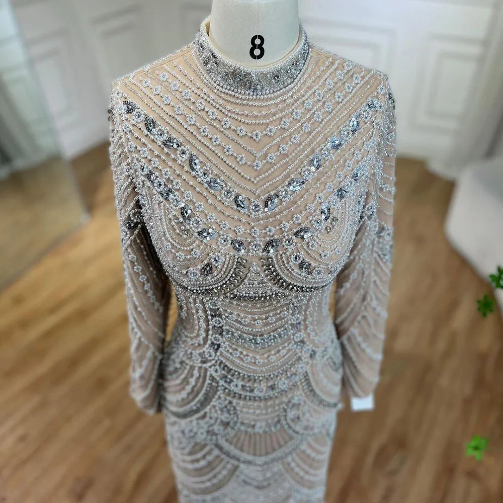 Muslim Nude Elegant Mermaid High Split Beaded Luxury Evening Dress Gown LA72091L - SERENE HILL