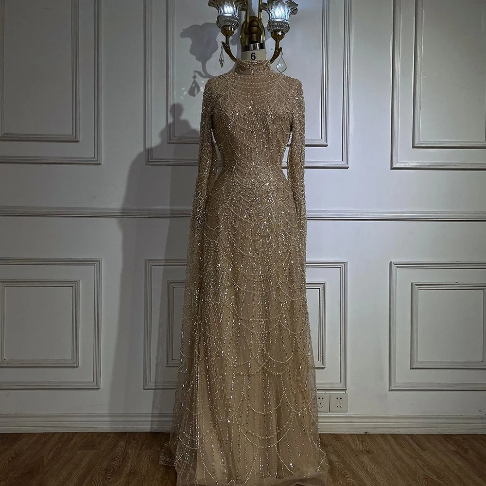 Luxury Dubai Muslim Sage Green Pearls Evening Dress With Cape Plus Size LA72591 - SERENE HILL