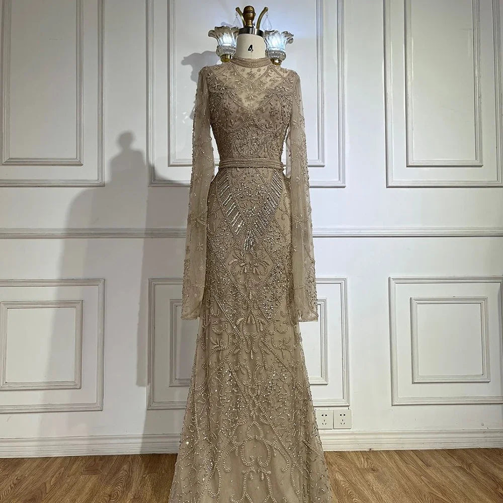 Luxury Dubai Muslim Black Mermaid Elegant Bell Sleeve Beaded Luxury Dubai Long Evening Dress for Formal Occasion LA72316A - SERENE HILL