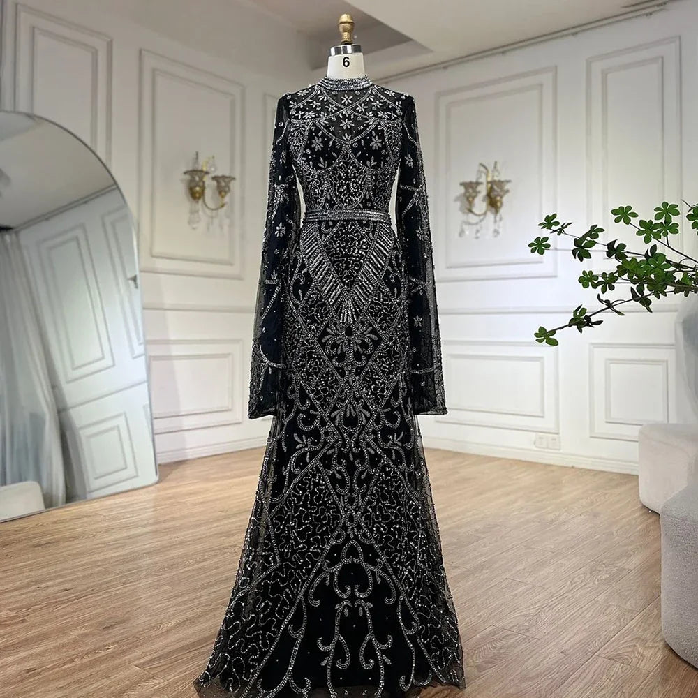 Luxury Dubai Muslim Black Mermaid Elegant Bell Sleeve Beaded Luxury Dubai Long Evening Dress for Formal Occasion LA72316A - SERENE HILL