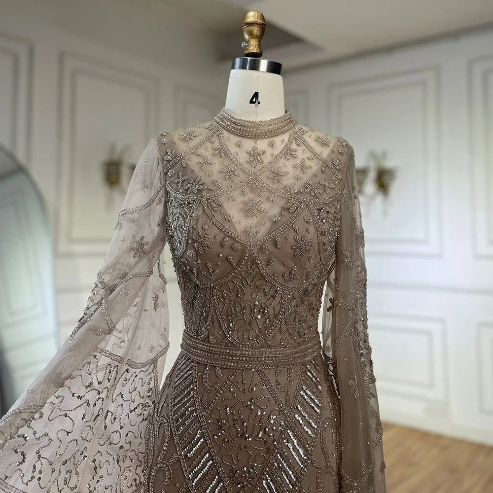 Luxury Dubai Muslim Black Mermaid Elegant Bell Sleeve Beaded Luxury Dubai Long Evening Dress for Formal Occasion LA72316A - SERENE HILL