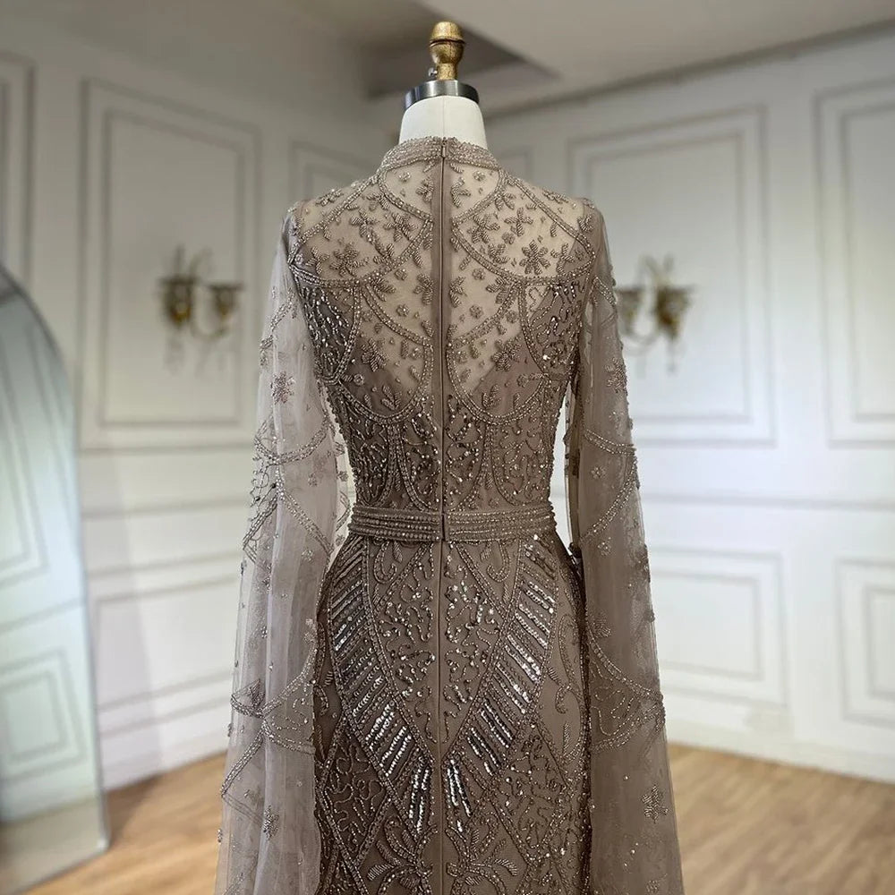 Luxury Dubai Muslim Black Mermaid Elegant Bell Sleeve Beaded Luxury Dubai Long Evening Dress for Formal Occasion LA72316A - SERENE HILL