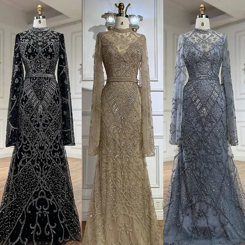 Luxury Dubai Muslim Black Mermaid Elegant Bell Sleeve Beaded Luxury Dubai Long Evening Dress for Formal Occasion LA72316A - SERENE HILL