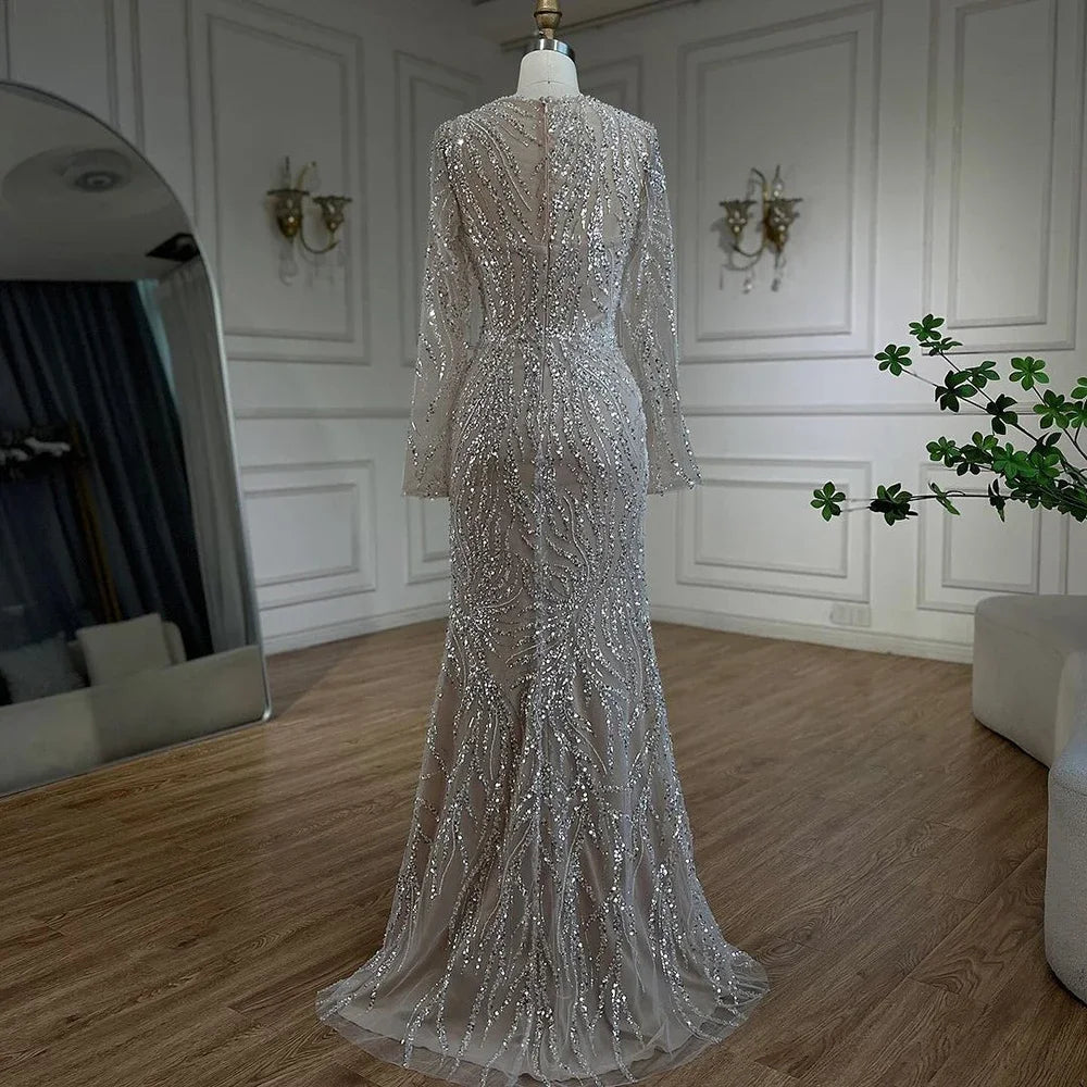 Luxury Dubai White Nude Mermaid Evening Dress With Long Sleeve LA72634 - SERENE HILL