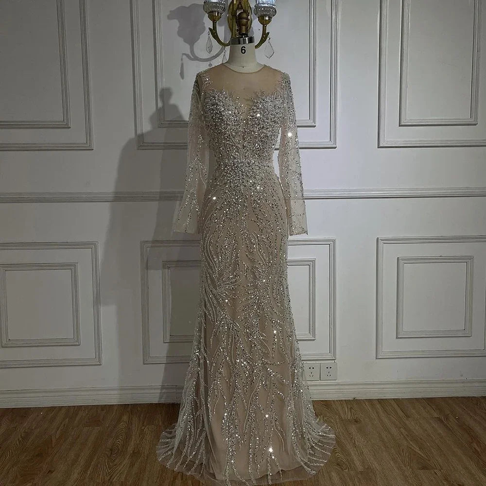 Luxury Dubai White Nude Mermaid Evening Dress With Long Sleeve LA72634 - SERENE HILL
