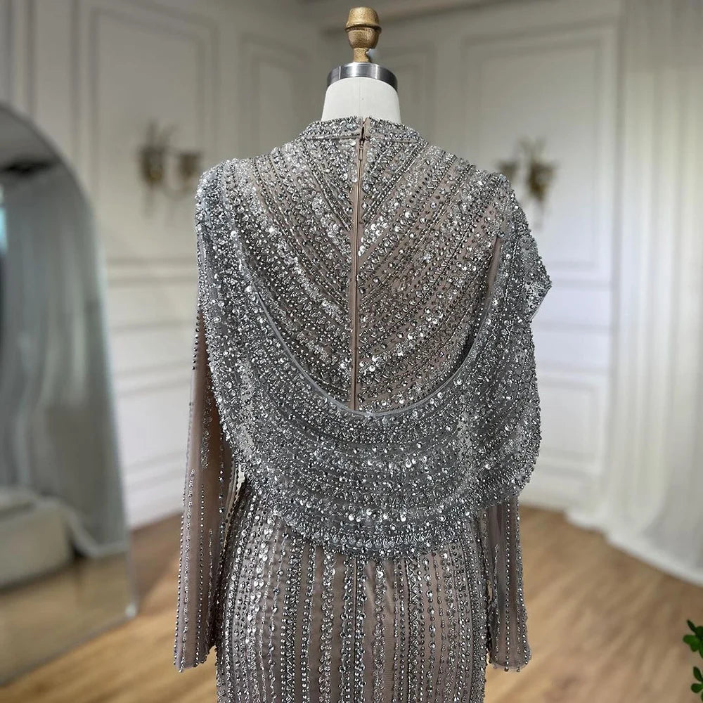 Muslim Silver Nude Beaded Long Sleeves Evening Dress LA70752H - SERENE HILL