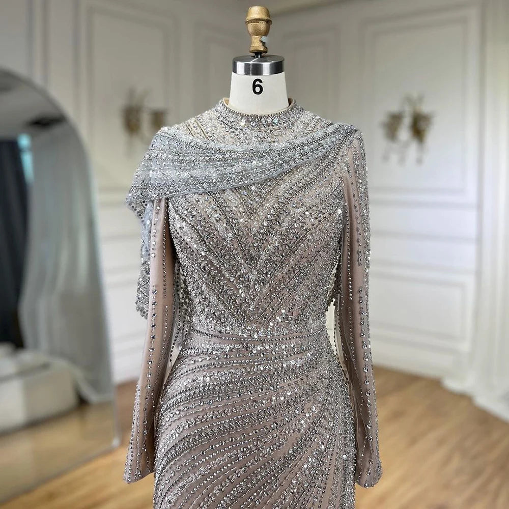Muslim Silver Nude Beaded Long Sleeves Evening Dress LA70752H - SERENE HILL