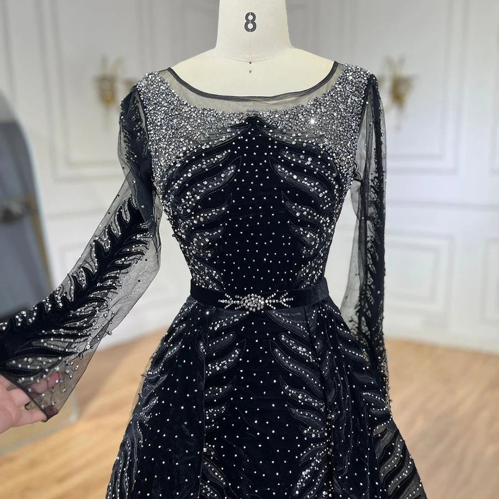 Serene Hill 2025 Muslim Velvet Fabric Mermaid Luxury Blue Evening Dresses Dress With Skirt Formal Dress Plus Size LA60914 - SERENE HILL
