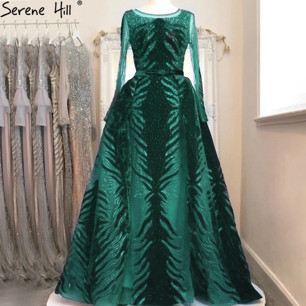 Serene Hill 2025 Muslim Velvet Fabric Mermaid Luxury Blue Evening Dresses Dress With Skirt Formal Dress Plus Size LA60914 - SERENE HILL