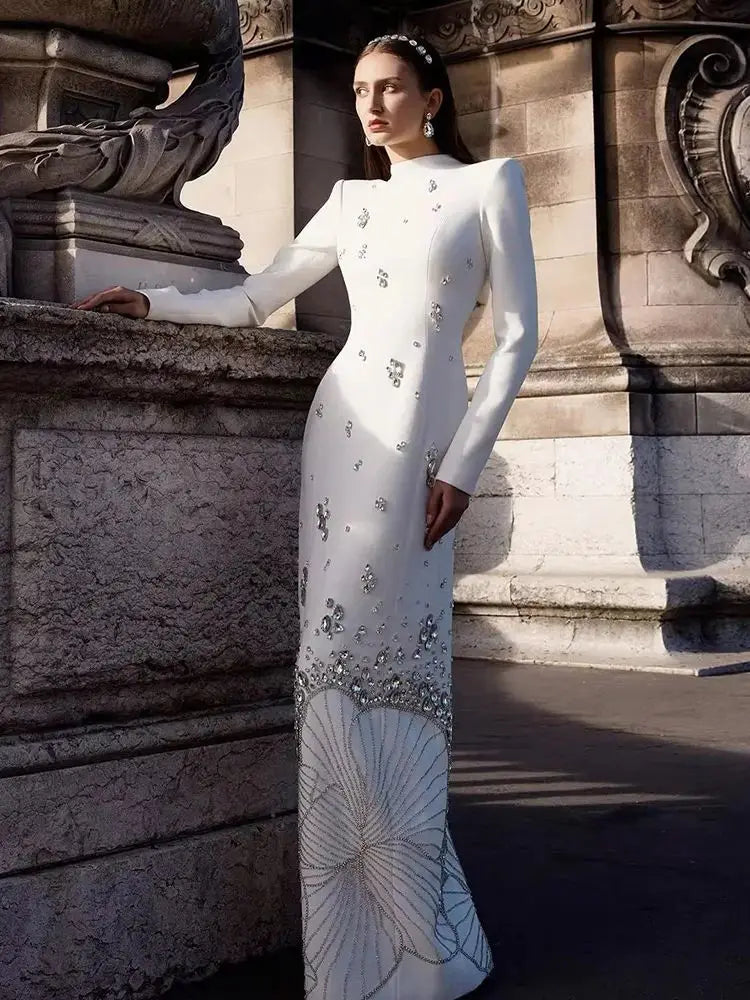 Luxury Crystal White Muslim Evening Dresses Long Sleeves LA72719 - SERENE HILL
