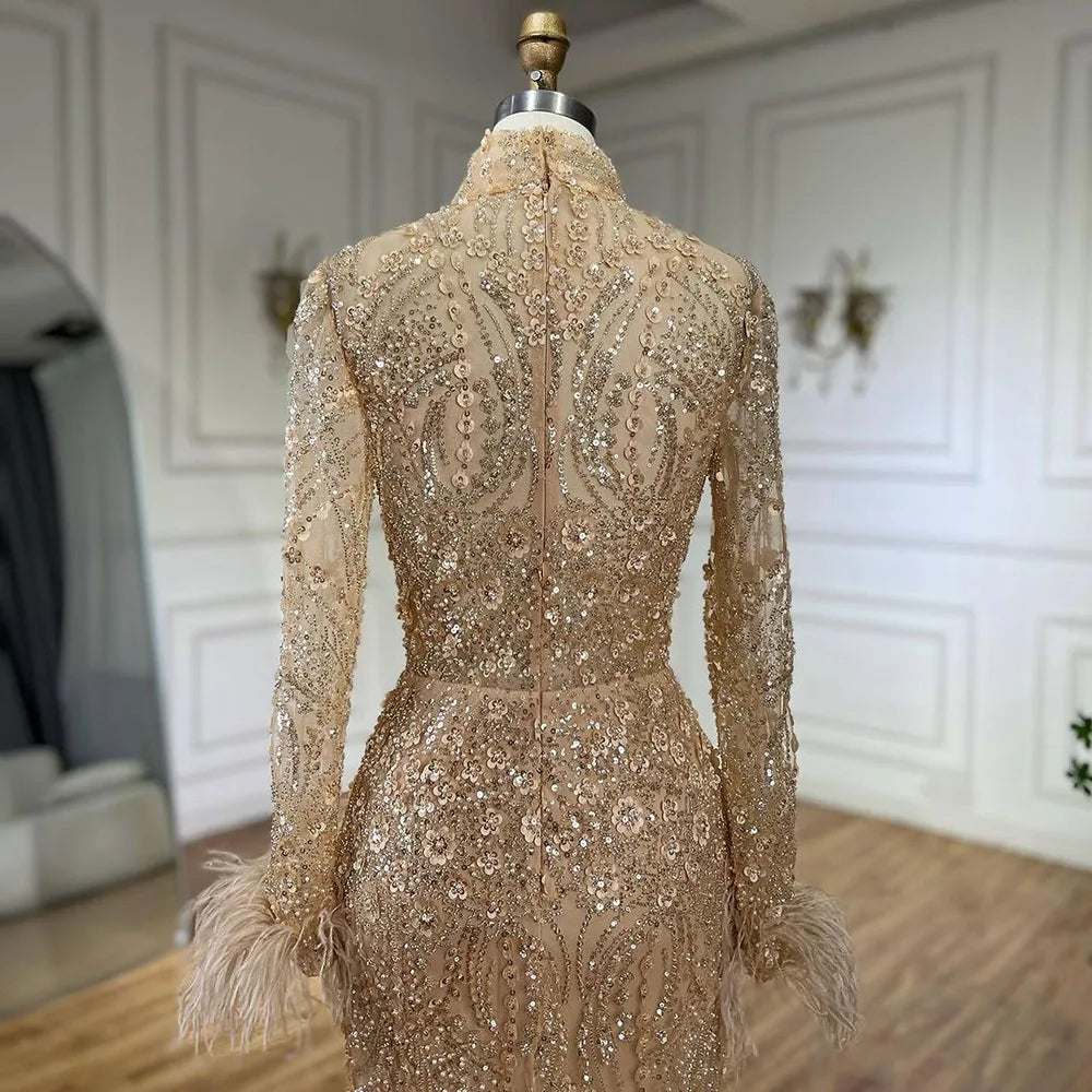 Luxury Feather Beaded Nude Mermaid Evening Dress LA72546 - SERENE HILL