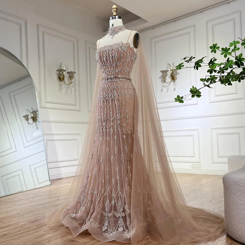 Luxury Nude Beaded Mermaid Evening Dress with Cape LA72711 - SERENE HILL