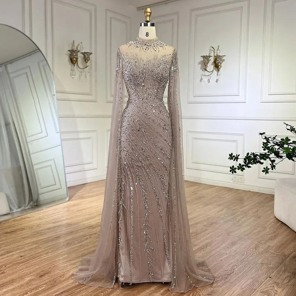 Luxury Nude Mermaid Evening Dress with Cape Sleeves LA71885A - SERENE HILL