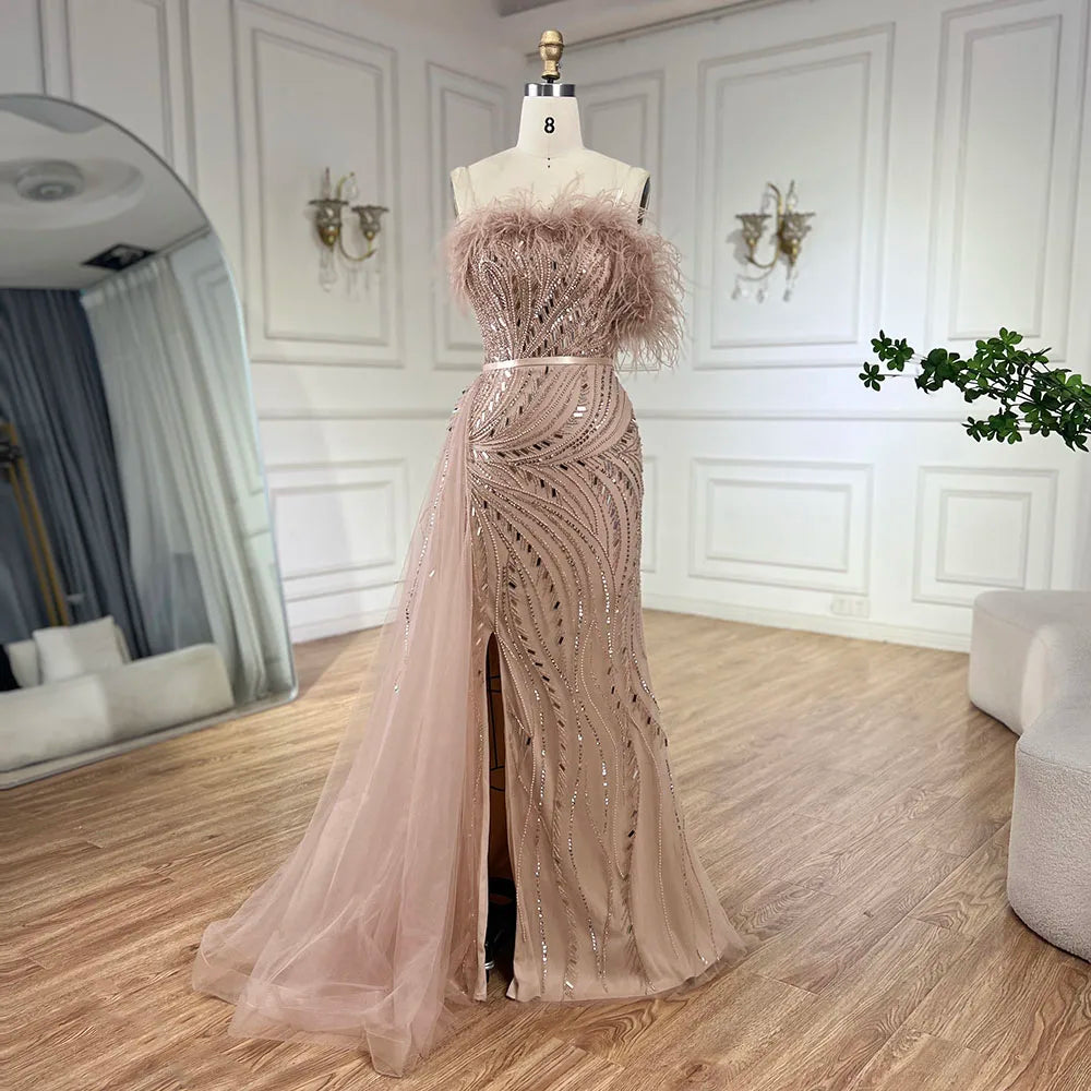 Luxury Nude Mermaid Evening Dress Overskirt Feather Beaded Split LA72311 Nude / 12