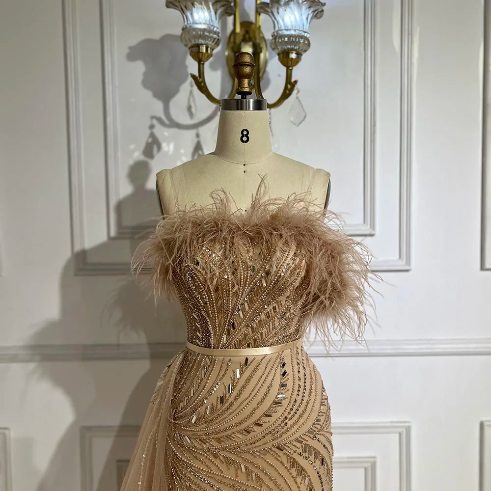 Luxury Nude Mermaid Evening Dress Overskirt Feather Beaded Split LA72311 - SERENE HILL