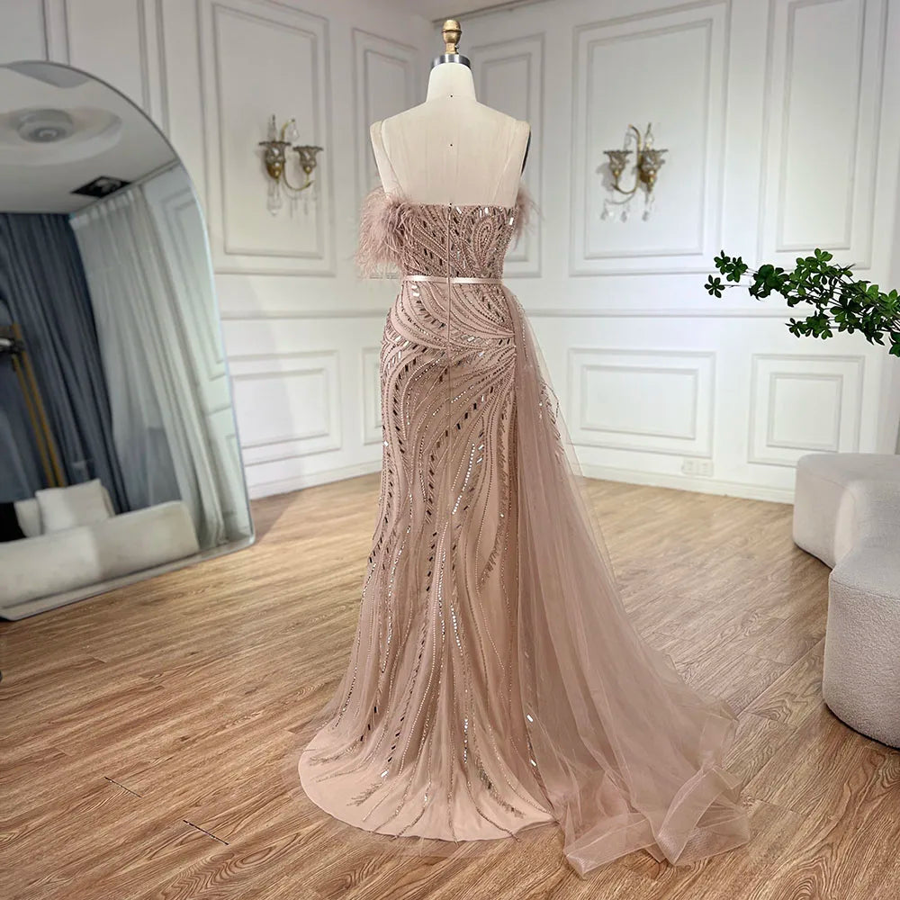 Luxury Nude Mermaid Evening Dress Overskirt Feather Beaded Split LA72311 - SERENE HILL