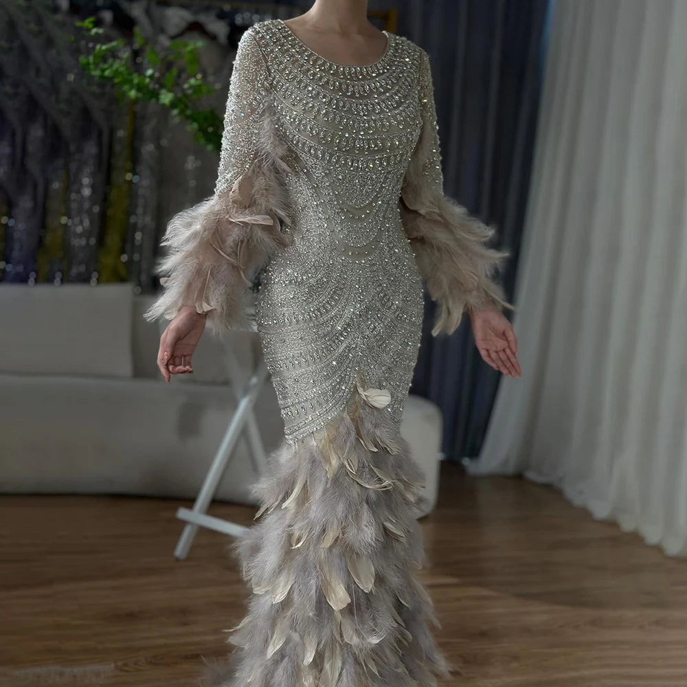 Luxury Dubai Nude Saudi Arabic Evening Gown with Beaded Feathers Dress for Formal Occasion LA72736 - SERENE HILL