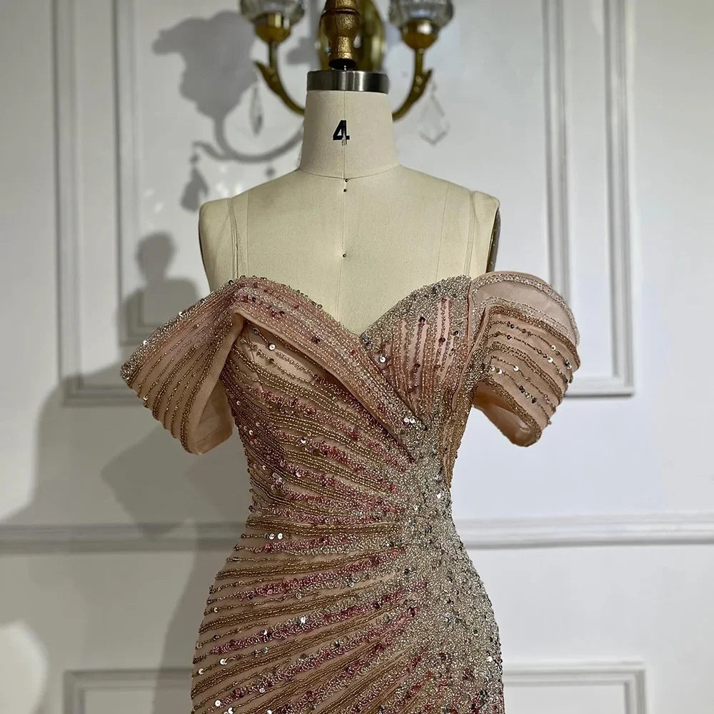 Serene Hill Off The Shoulder Pink Mermaid Beaded Luxury Evening Dress with Side Split for Formal Occasion Saudi LA72481 - SERENE HILL