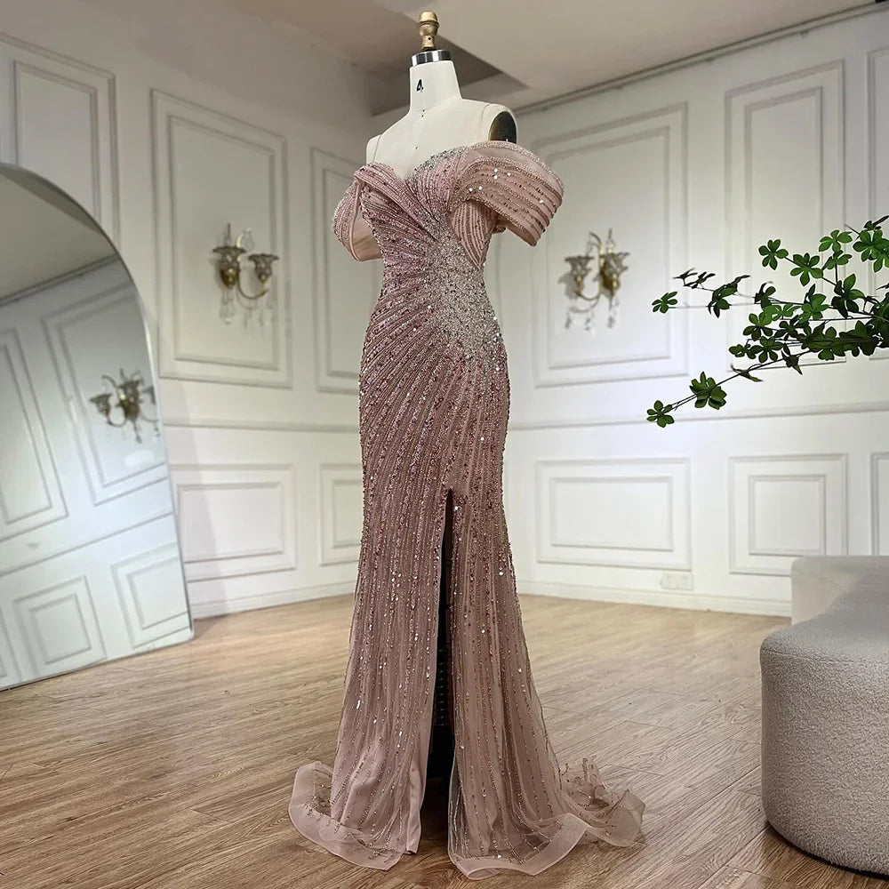 Serene Hill Off The Shoulder Pink Mermaid Beaded Luxury Evening Dress with Side Split for Formal Occasion Saudi LA72481 - SERENE HILL