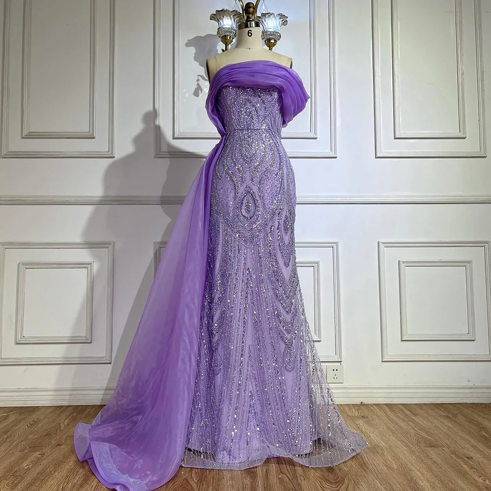 Serene Hill One-Shoulder Purple Mermaid Beaded Evening Dress with Side Skirt Overlay for Formal Occasion Saudi LA72706 - SERENE HILL