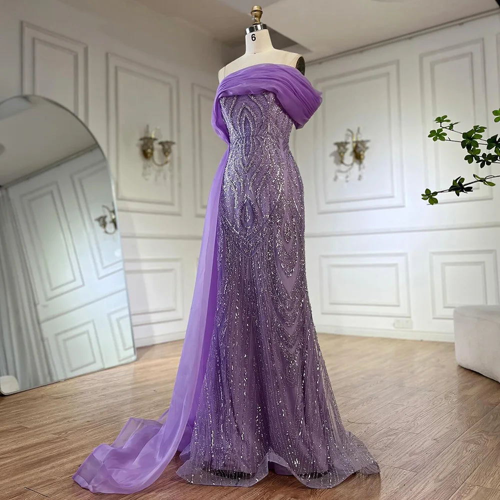 Serene Hill One-Shoulder Purple Mermaid Beaded Evening Dress with Side Skirt Overlay for Formal Occasion Saudi LA72706 - SERENE HILL