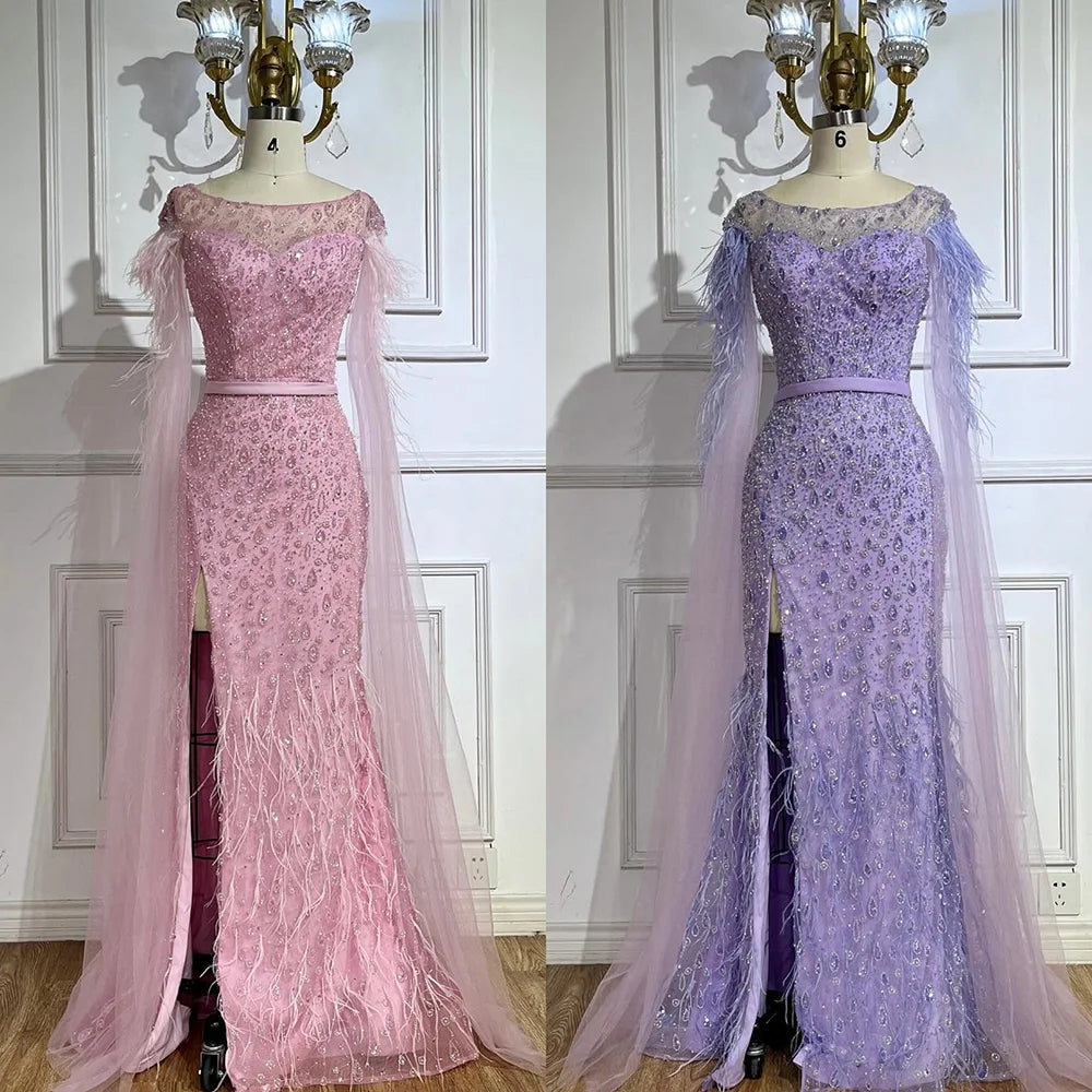 Serene Hill Pink Cape Sleeves Dubai Evening Gown Mermaid with Side Skirt Feathers Beaded Dress for Women&