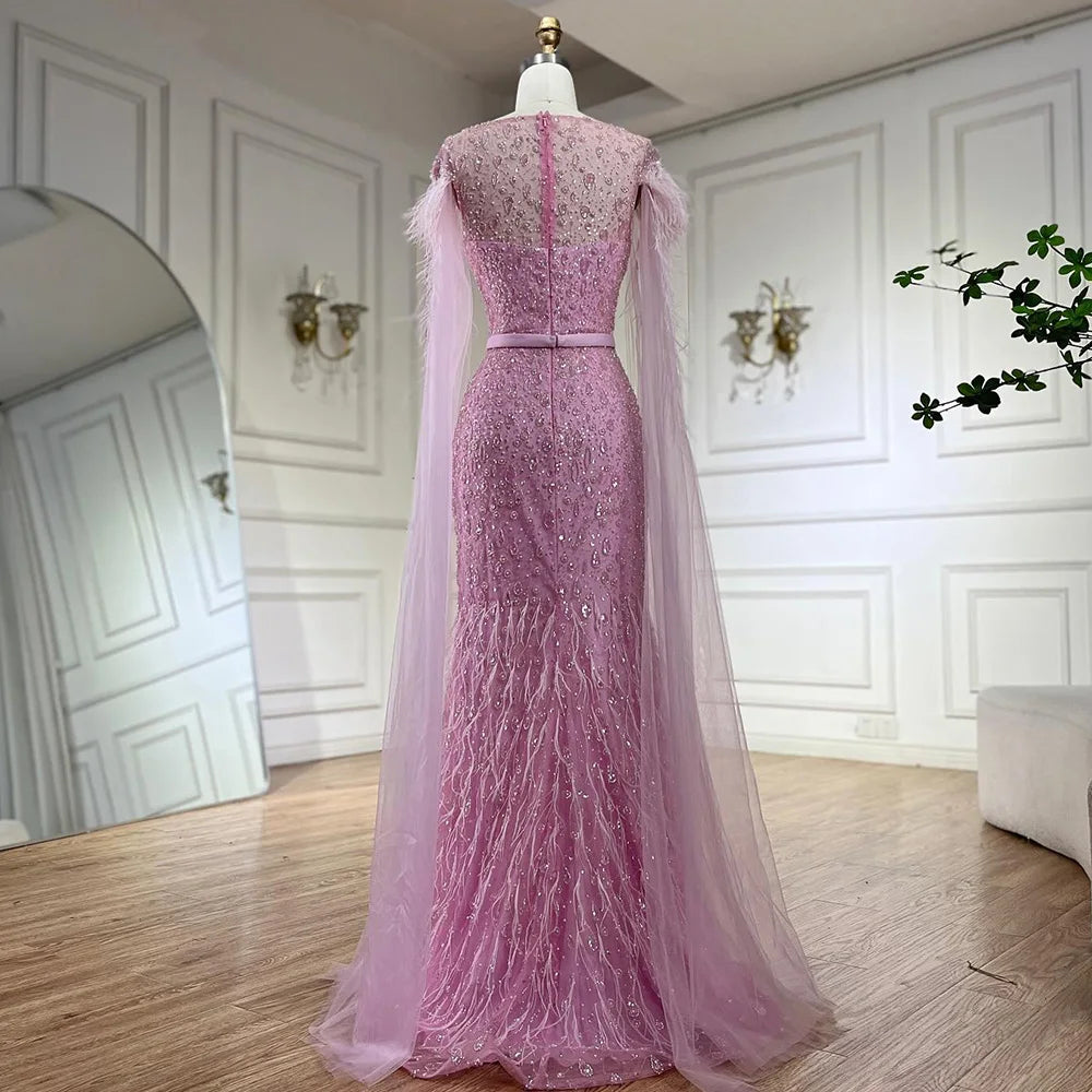 Serene Hill Pink Cape Sleeves Dubai Evening Gown Mermaid with Side Skirt Feathers Beaded Dress for Women&