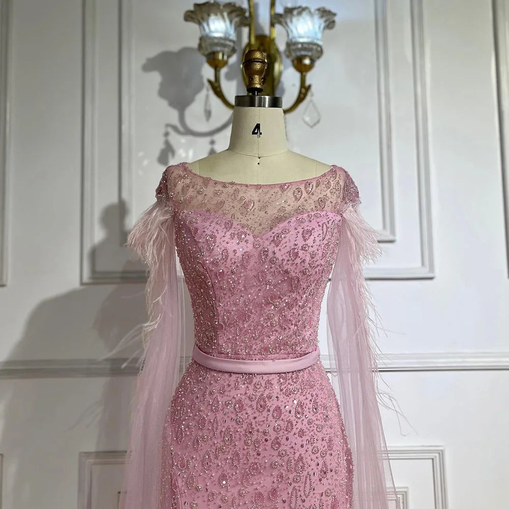 Serene Hill Pink Cape Sleeves Dubai Evening Gown Mermaid with Side Skirt Feathers Beaded Dress for Women&