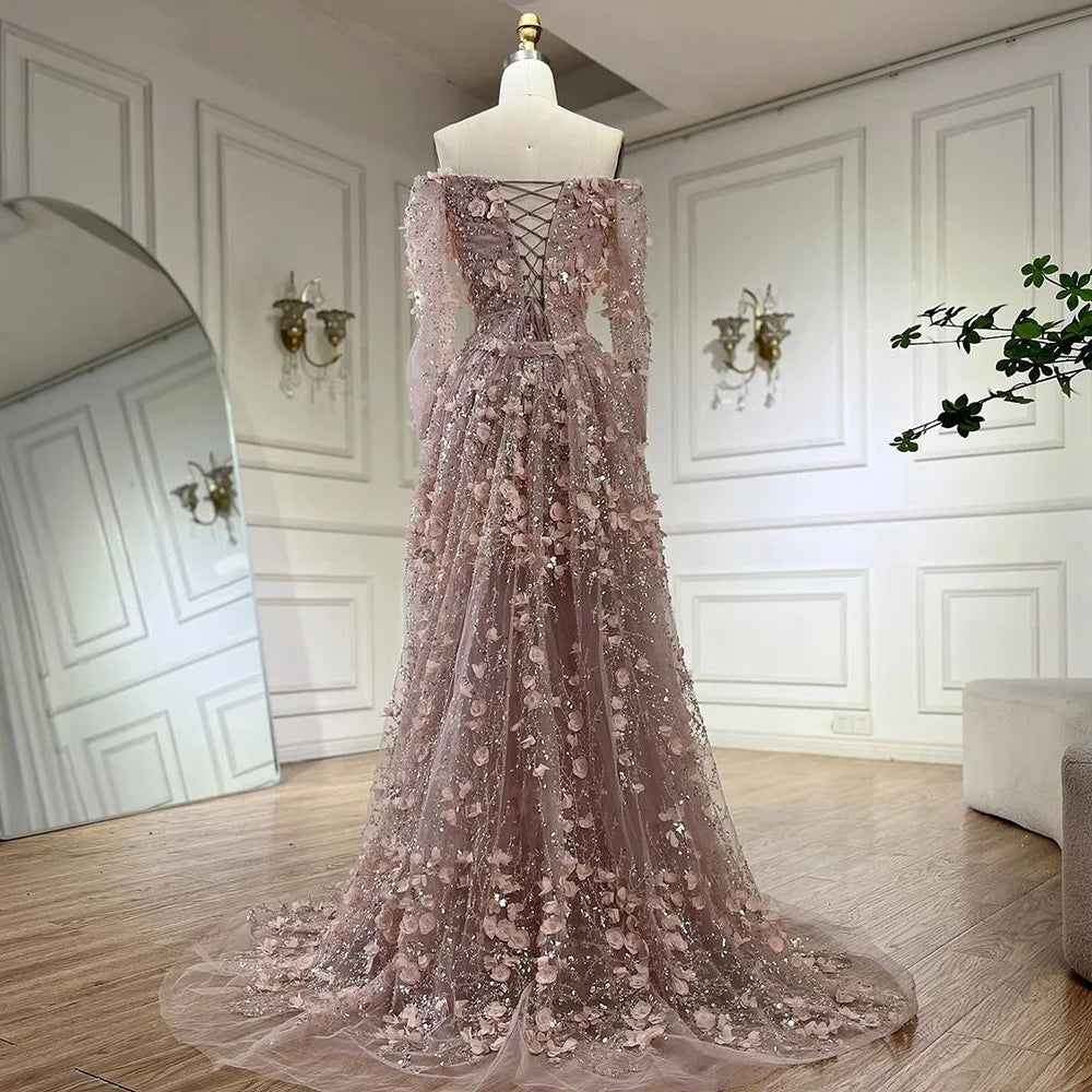 Pink Beaded Mermaid Evening Gown with Overskirt and Appliques LA72641 - SERENE HILL